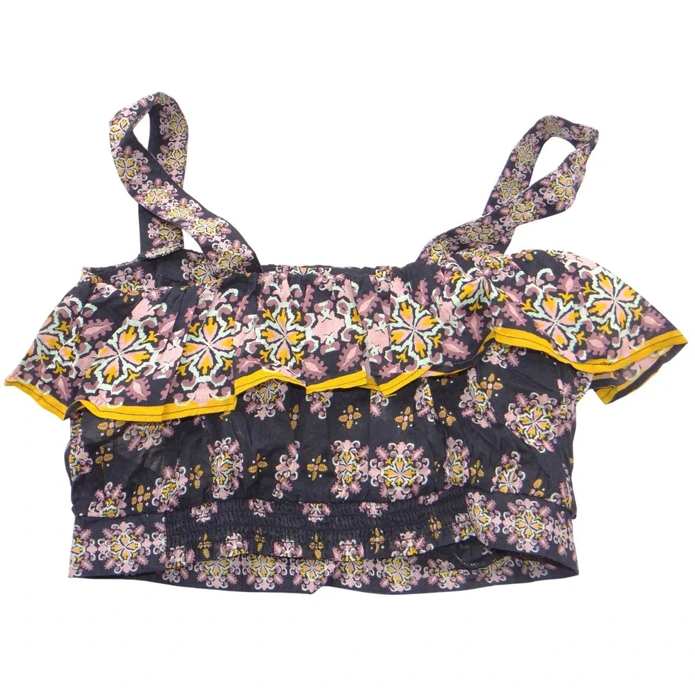 Free People Medallion Print Ruffle Crop Top Navy Pink Yellow‎ Smocked Small